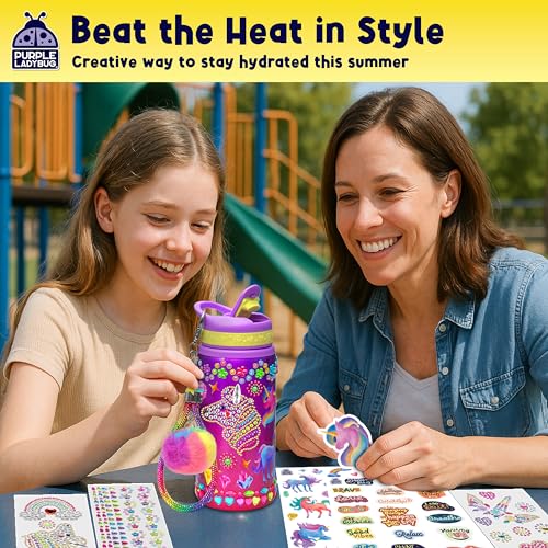 PURPLE LADYBUG Unicorn Water Bottle Decorating Kit for Girls Ages 6-12 - 20oz Craft Set with Gemstones, Stickers & Charms