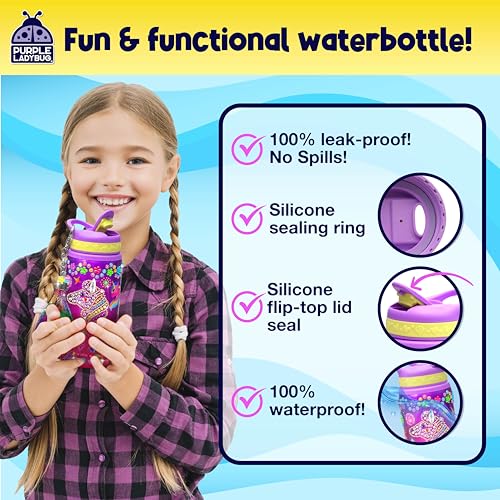 PURPLE LADYBUG Unicorn Water Bottle Decorating Kit for Girls Ages 6-12 - 20oz Craft Set with Gemstones, Stickers & Charms
