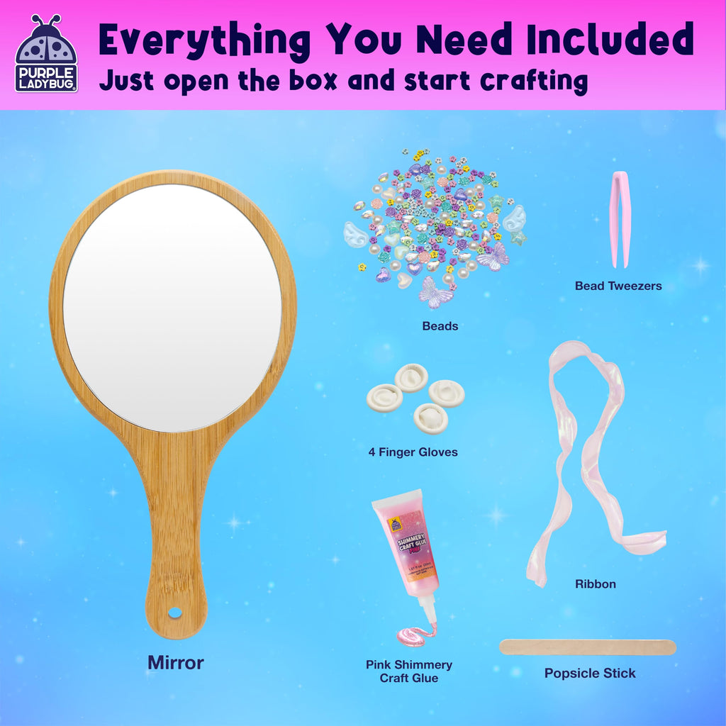 PURPLE LADYBUG Wooden Handheld Mirror Craft Kit - Decorate with Gems, Ages 6-12