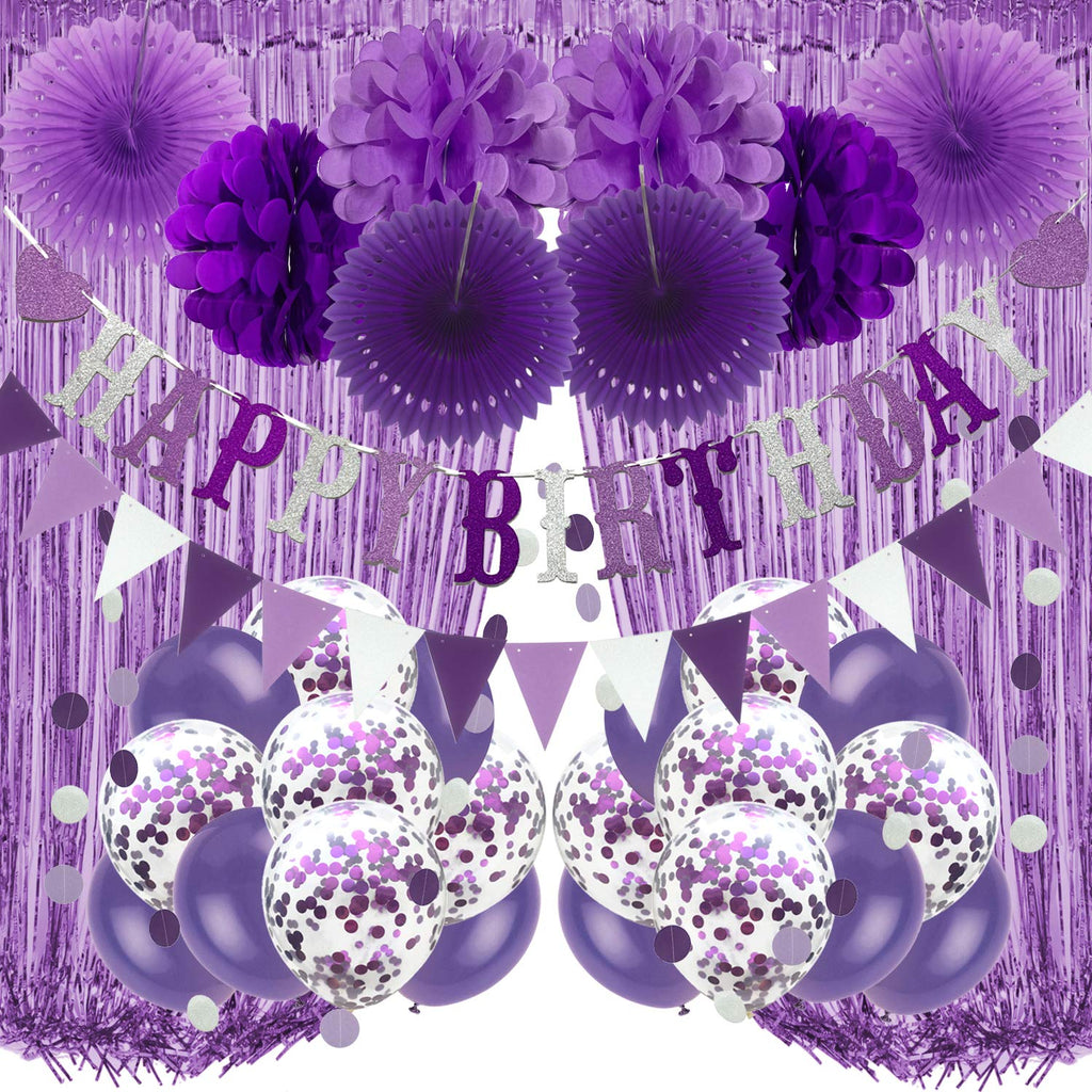 Purple Party Decorations Set – Birthday Banner, Curtains, Pompoms, Fans, Garland & Balloons