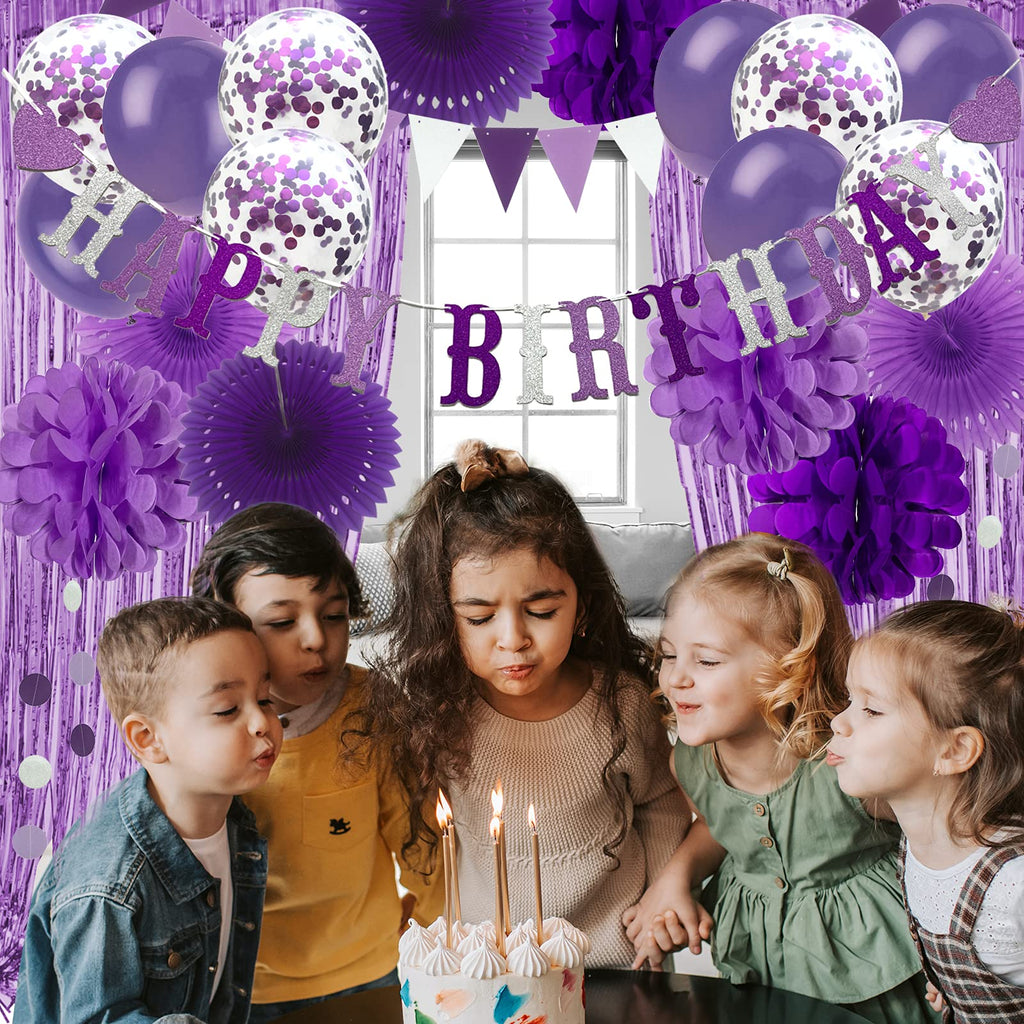 Purple Party Decorations Set – Birthday Banner, Curtains, Pompoms, Fans, Garland & Balloons