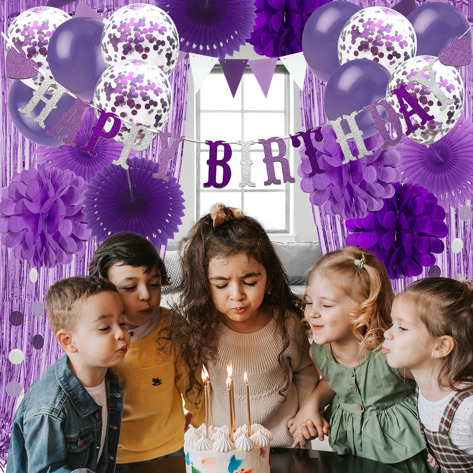 Purple Party Decorations Set – Birthday Banner, Curtains, Pompoms, Fans, Garland & Balloons
