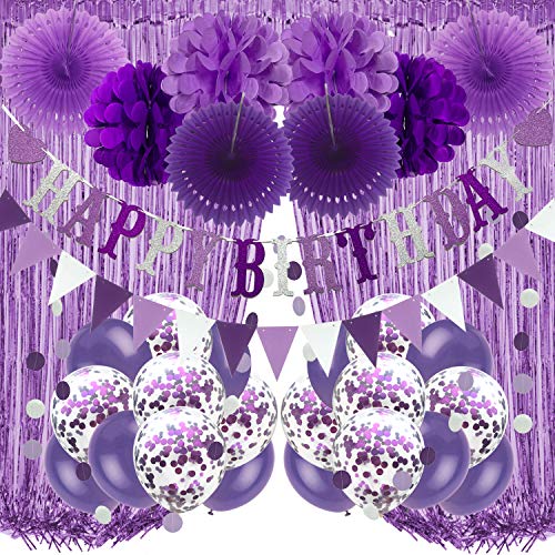 Purple Party Decorations Set – Birthday Banner, Curtains, Pompoms, Fans, Garland & Balloons