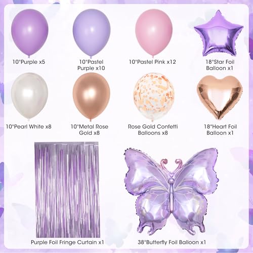 Purple Pink Butterfly Birthday Party Decorations Set - 97 Pieces with Balloons, Banner, Fringe Curtain, and More
