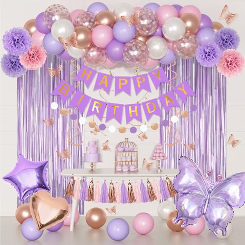 Purple Pink Butterfly Birthday Party Decorations Set - 97 Pieces with Balloons, Banner, Fringe Curtain, and More