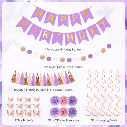 Purple Pink Butterfly Birthday Party Decorations Set - 97 Pieces with Balloons, Banner, Fringe Curtain, and More