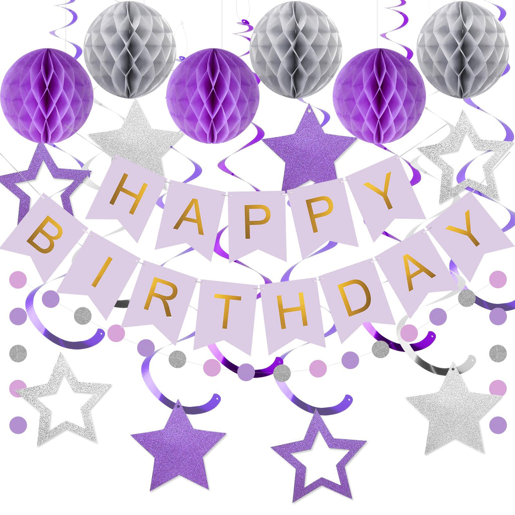 Purple & Silver Birthday Decoration Set - Banner, Honeycomb Balls, Streamers, Garland by meowtastic