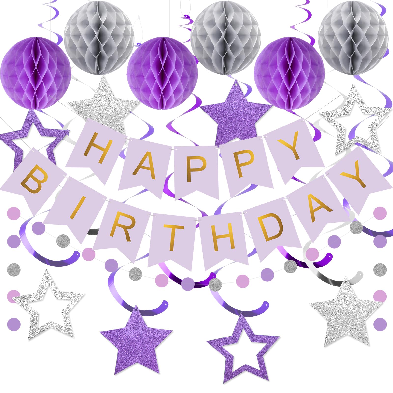 Purple & Silver Birthday Decoration Set - Banner, Honeycomb Balls, Streamers, Garland by meowtastic