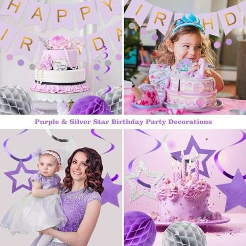 Purple & Silver Birthday Decoration Set - Banner, Honeycomb Balls, Streamers, Garland by meowtastic