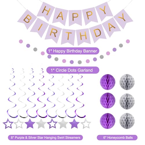 Purple & Silver Birthday Decoration Set - Banner, Honeycomb Balls, Streamers, Garland by meowtastic