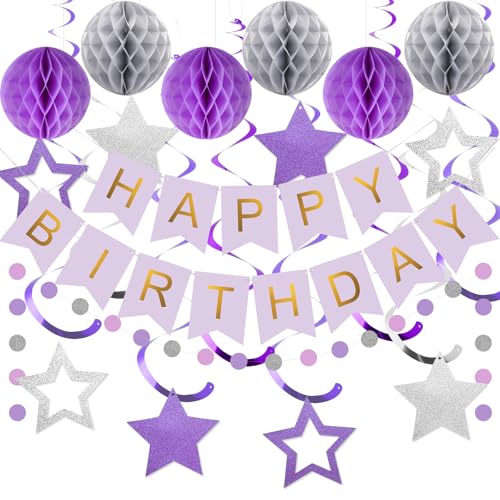 Purple & Silver Birthday Decoration Set - Banner, Honeycomb Balls, Streamers, Garland by meowtastic