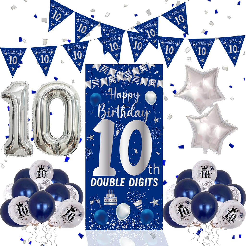 Purtarly 10th Birthday Decorations Kit - Navy Blue & Silver Double Digits Party Supplies with Banners, Balloons, and Door Sign for Boys Girls