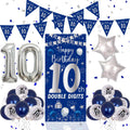 Purtarly 10th Birthday Decorations Kit - Navy Blue & Silver Double Digits Party Supplies with Banners, Balloons, and Door Sign for Boys Girls