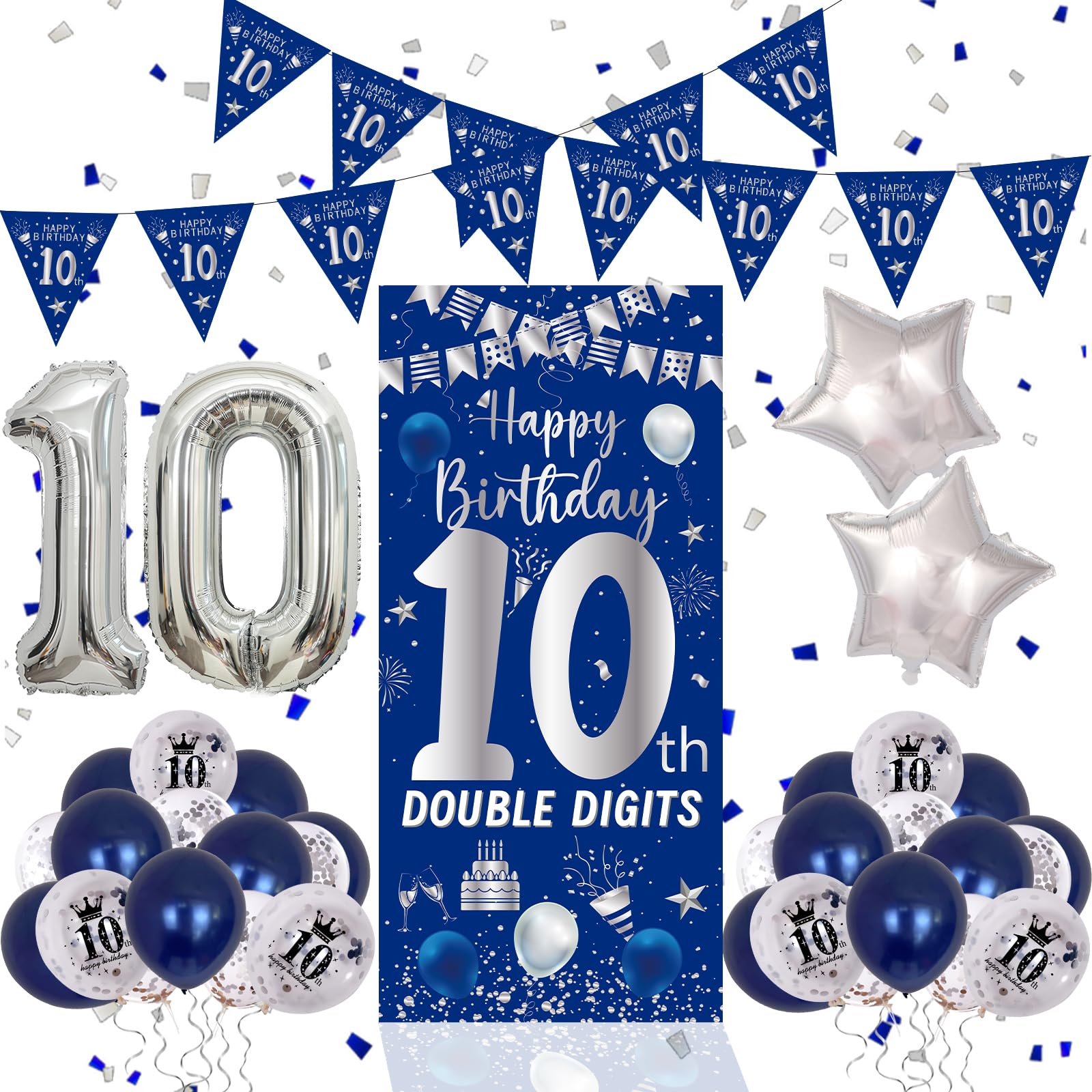 Purtarly 10th Birthday Decorations Kit - Navy Blue & Silver Double Digits Party Supplies with Banners, Balloons, and Door Sign for Boys Girls