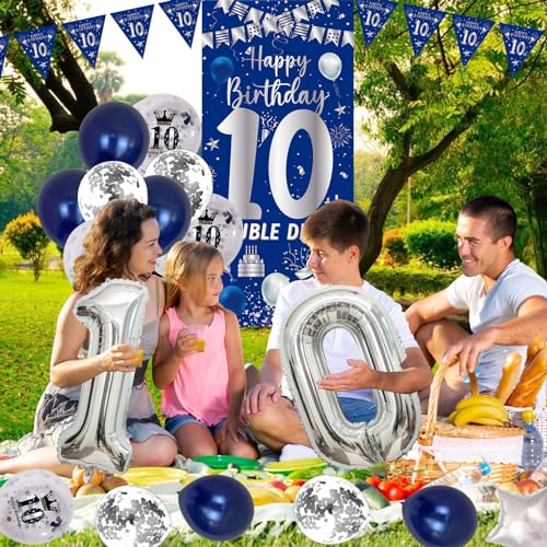 Purtarly 10th Birthday Decorations Kit - Navy Blue & Silver Double Digits Party Supplies with Banners, Balloons, and Door Sign for Boys Girls