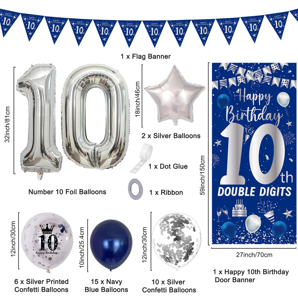 Purtarly 10th Birthday Decorations Kit - Navy Blue & Silver Double Digits Party Supplies with Banners, Balloons, and Door Sign for Boys Girls