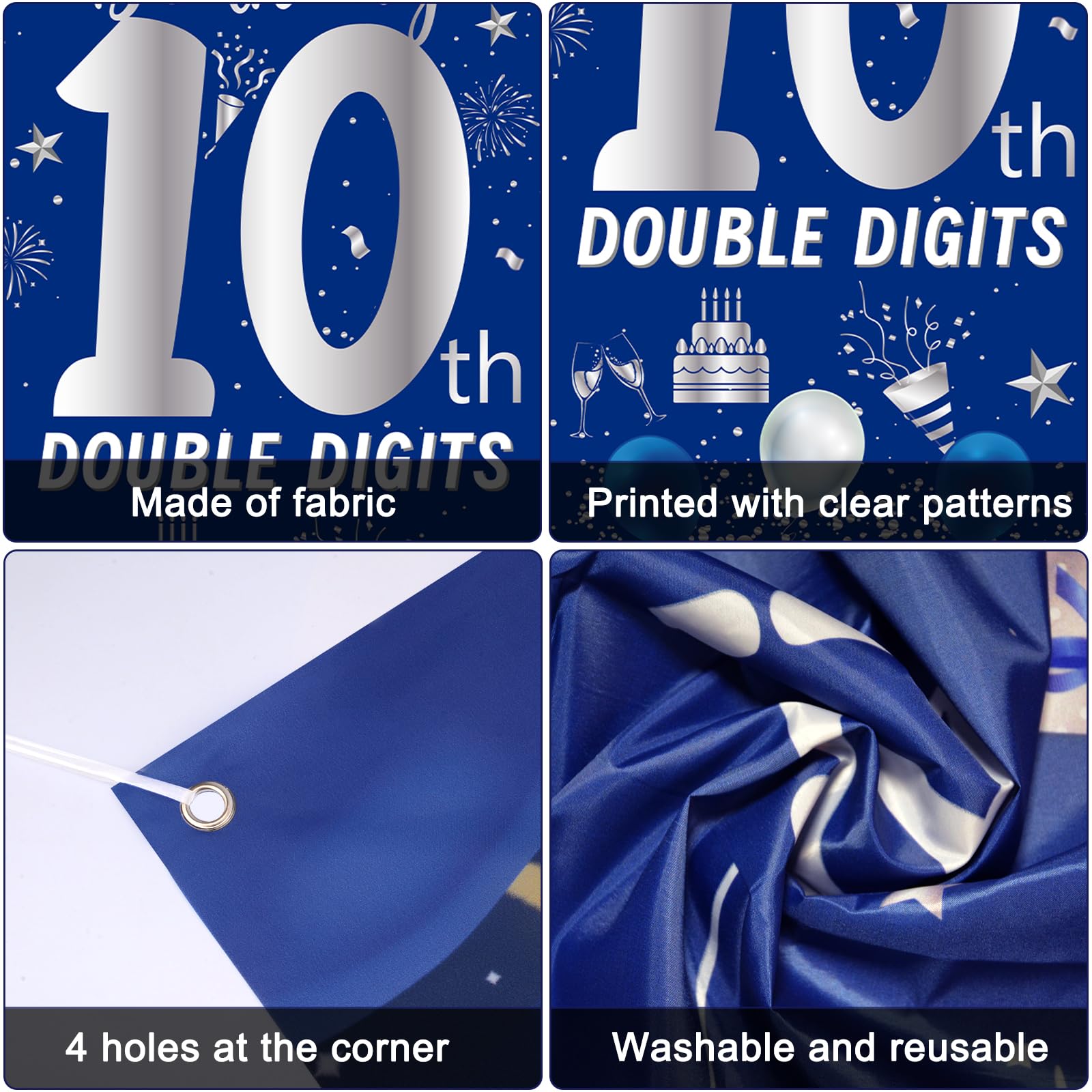 Purtarly 10th Birthday Decorations Kit - Navy Blue & Silver Double Digits Party Supplies with Banners, Balloons, and Door Sign for Boys Girls