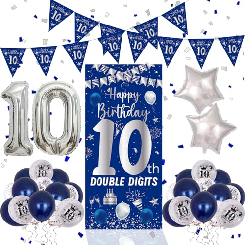 Purtarly 10th Birthday Decorations Kit - Navy Blue & Silver Double Digits Party Supplies with Banners, Balloons, and Door Sign for Boys Girls