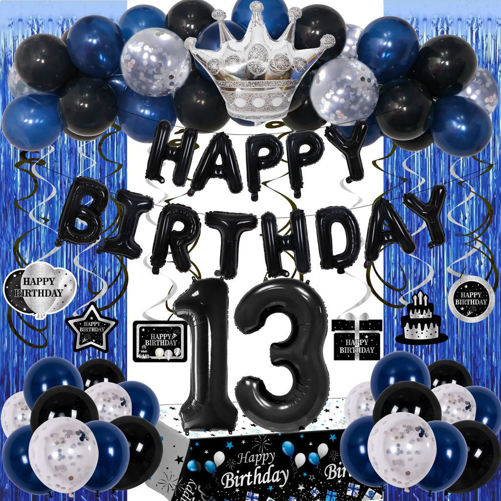 Purtarly 73-Piece Blue Black 13th Birthday Decorations Kit for Boys – Includes Banner, Foil Balloon, Tablecloth & More