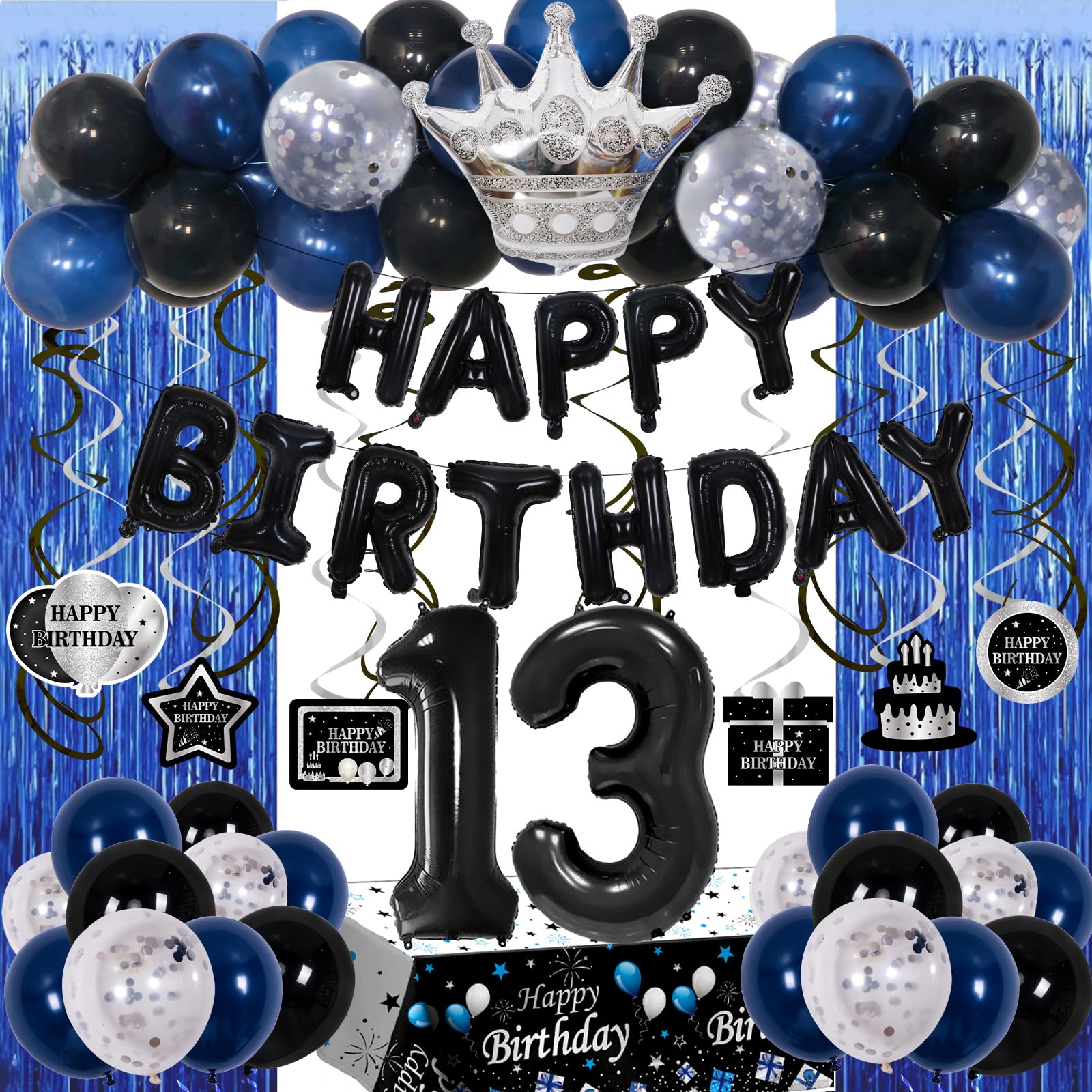 Purtarly 73-Piece Blue Black 13th Birthday Decorations Kit for Boys – Includes Banner, Foil Balloon, Tablecloth & More