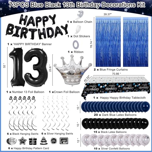 Purtarly 73-Piece Blue Black 13th Birthday Decorations Kit for Boys – Includes Banner, Foil Balloon, Tablecloth & More