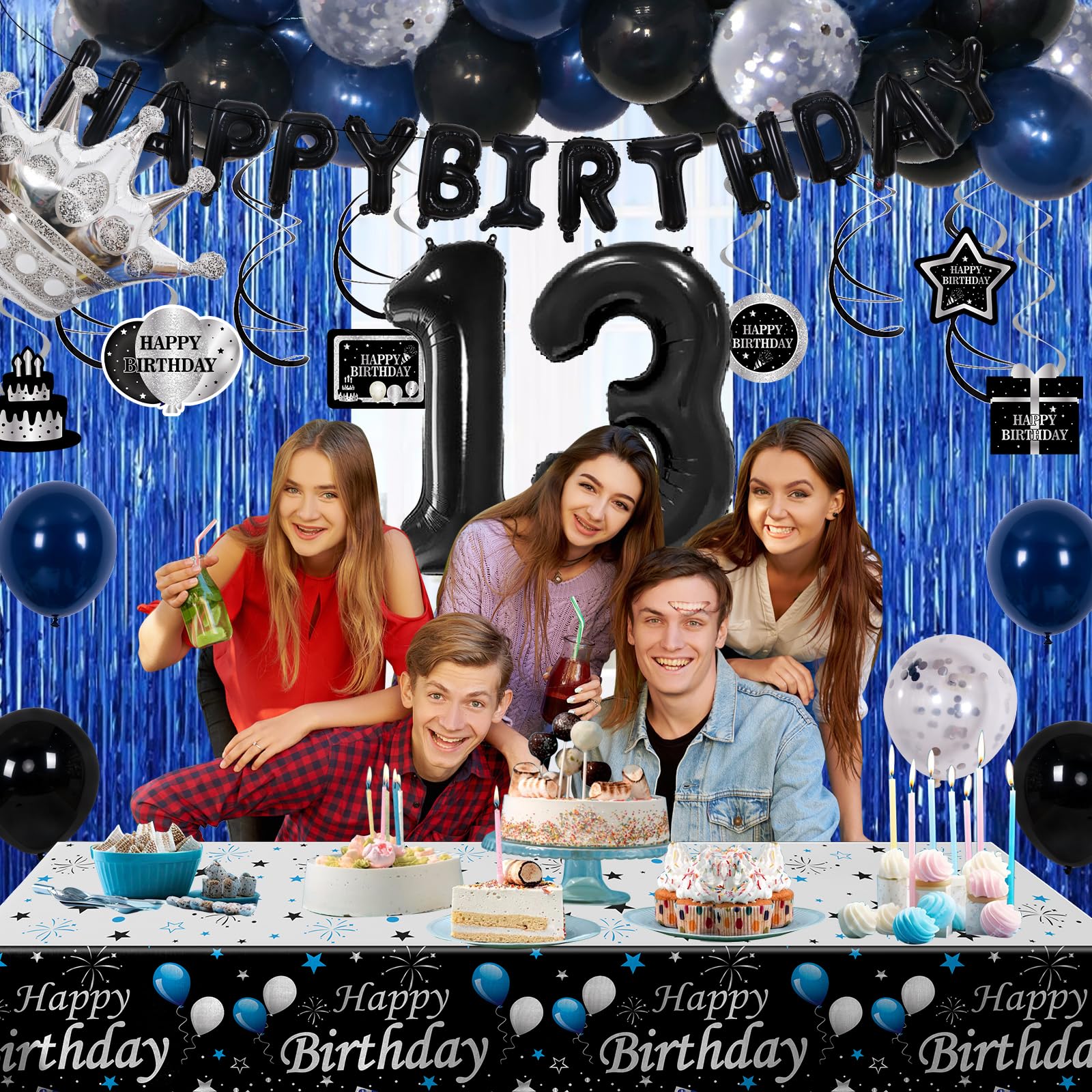 Purtarly 73-Piece Blue Black 13th Birthday Decorations Kit for Boys – Includes Banner, Foil Balloon, Tablecloth & More
