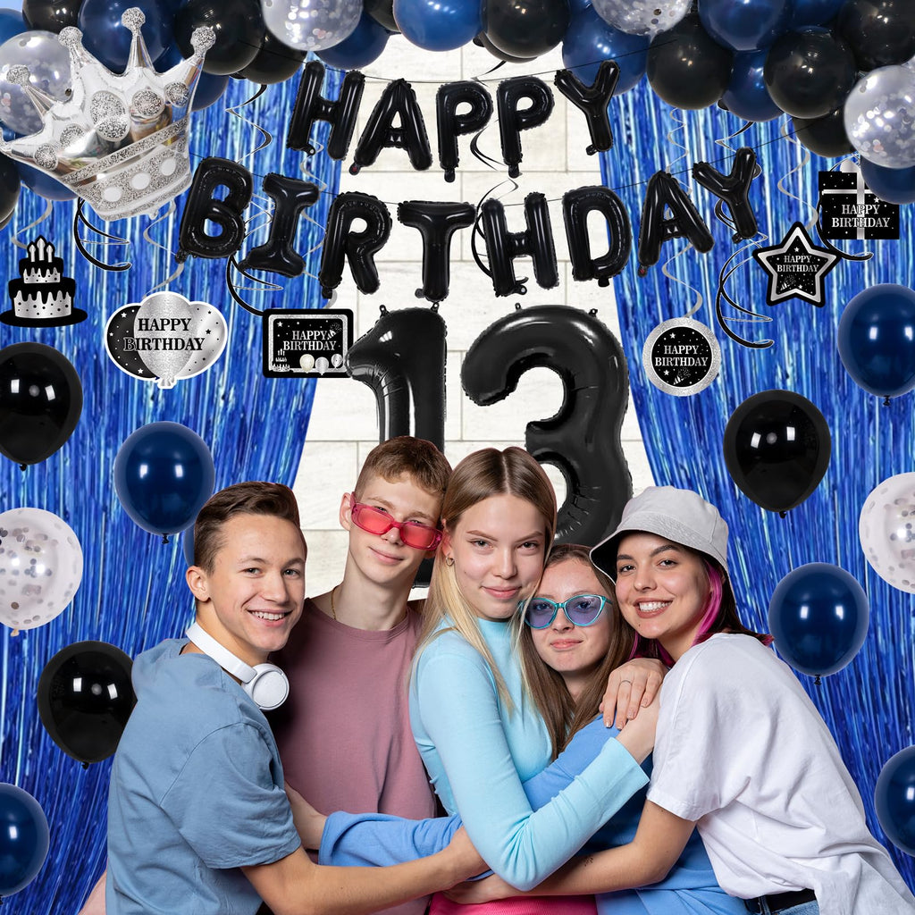 Purtarly 73-Piece Blue Black 13th Birthday Decorations Kit for Boys – Includes Banner, Foil Balloon, Tablecloth & More