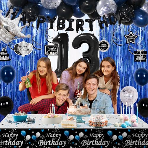 Purtarly 73-Piece Blue Black 13th Birthday Decorations Kit for Boys – Includes Banner, Foil Balloon, Tablecloth & More