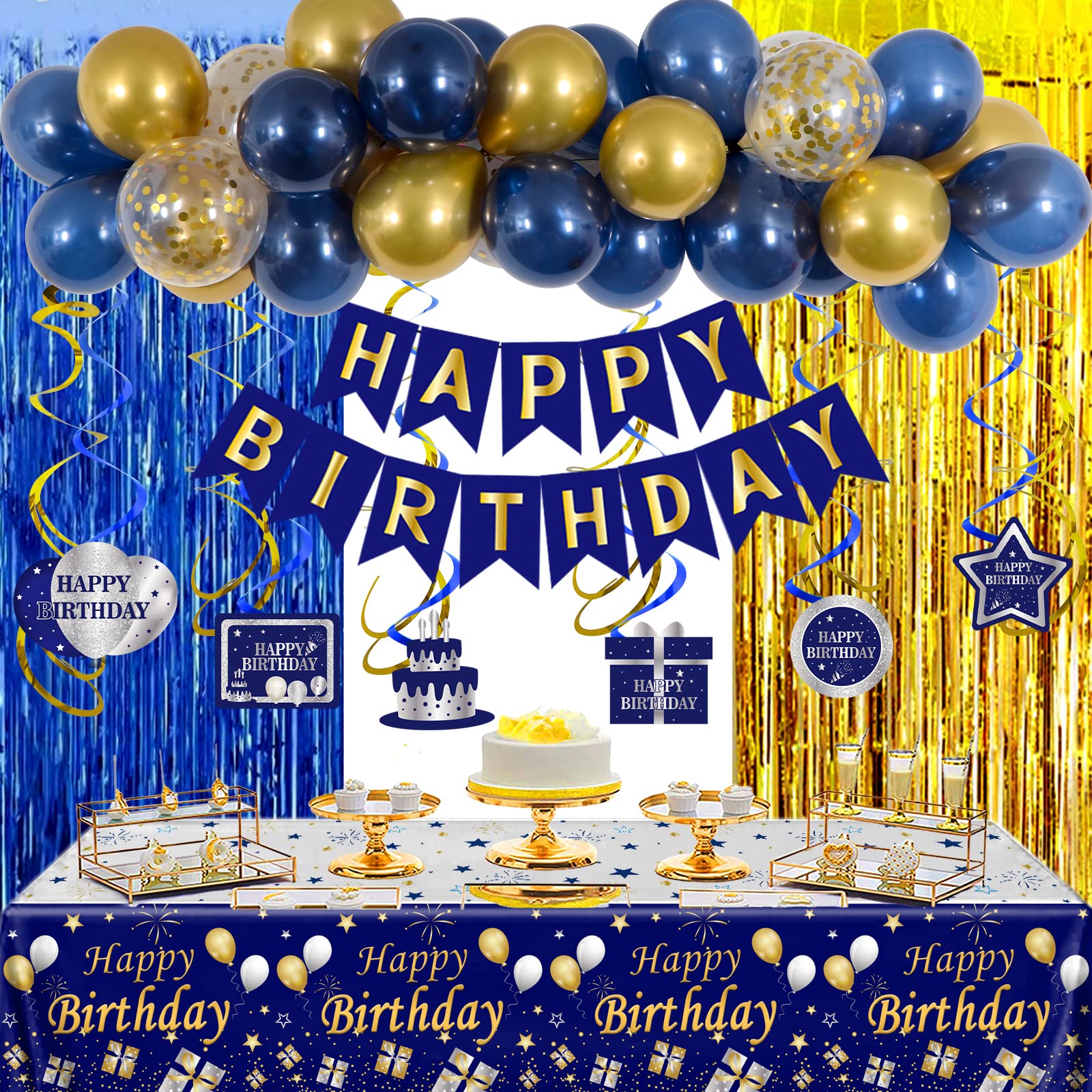 Purtarly Blue and Gold Birthday Decorations Kit – Navy Blue & Gold Party Supplies with Banner, Balloons, Tablecloth, Fringe Curtains