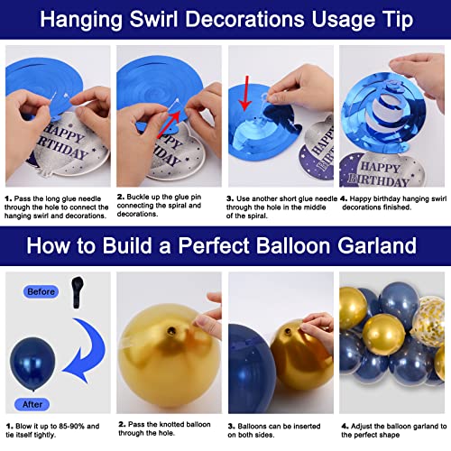 Purtarly Blue and Gold Birthday Decorations Kit – Navy Blue & Gold Party Supplies with Banner, Balloons, Tablecloth, Fringe Curtains