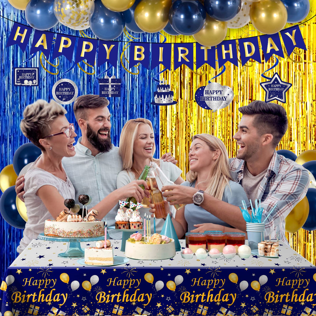 Purtarly Blue and Gold Birthday Decorations Kit – Navy Blue & Gold Party Supplies with Banner, Balloons, Tablecloth, Fringe Curtains