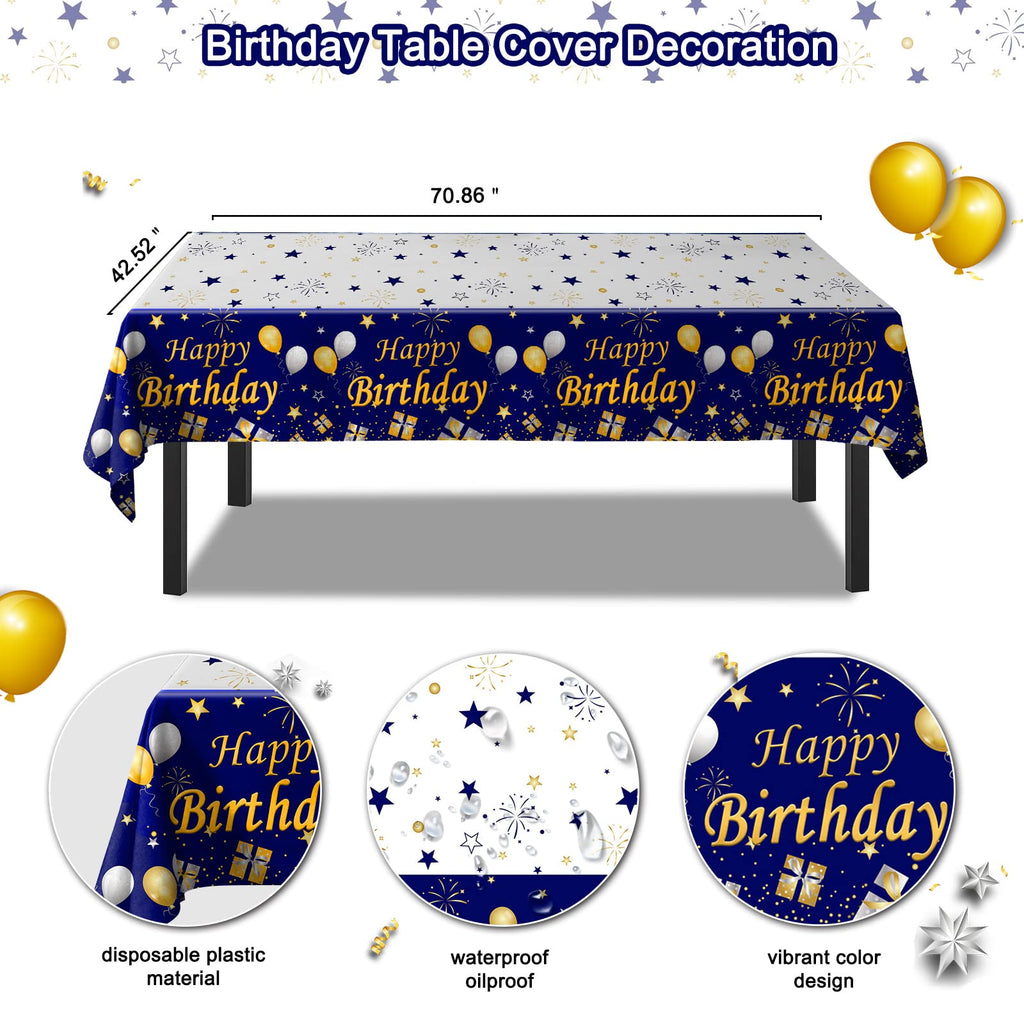 Purtarly Blue and Gold Birthday Decorations Kit – Navy Blue & Gold Party Supplies with Banner, Balloons, Tablecloth, Fringe Curtains
