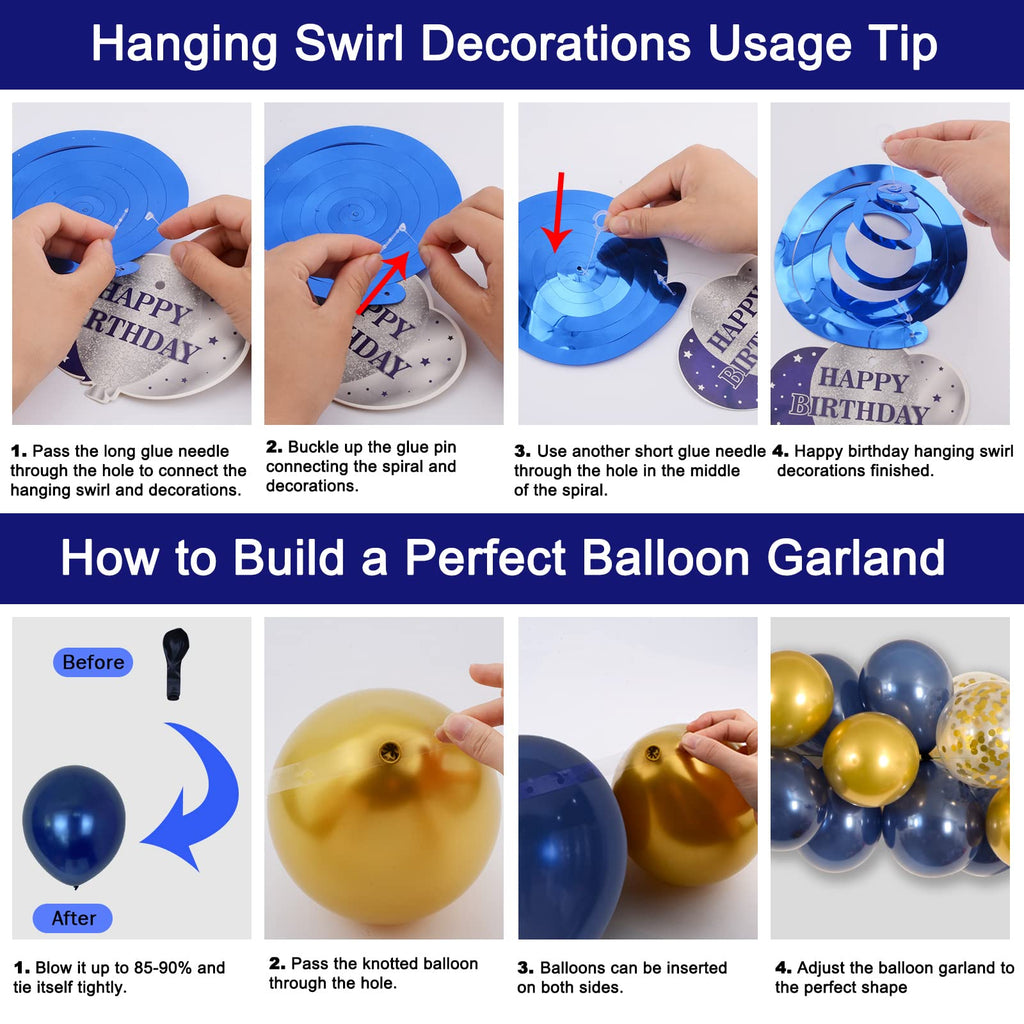 Purtarly Blue and Gold Birthday Decorations Kit – Navy Blue & Gold Party Supplies with Banner, Balloons, Tablecloth, Fringe Curtains
