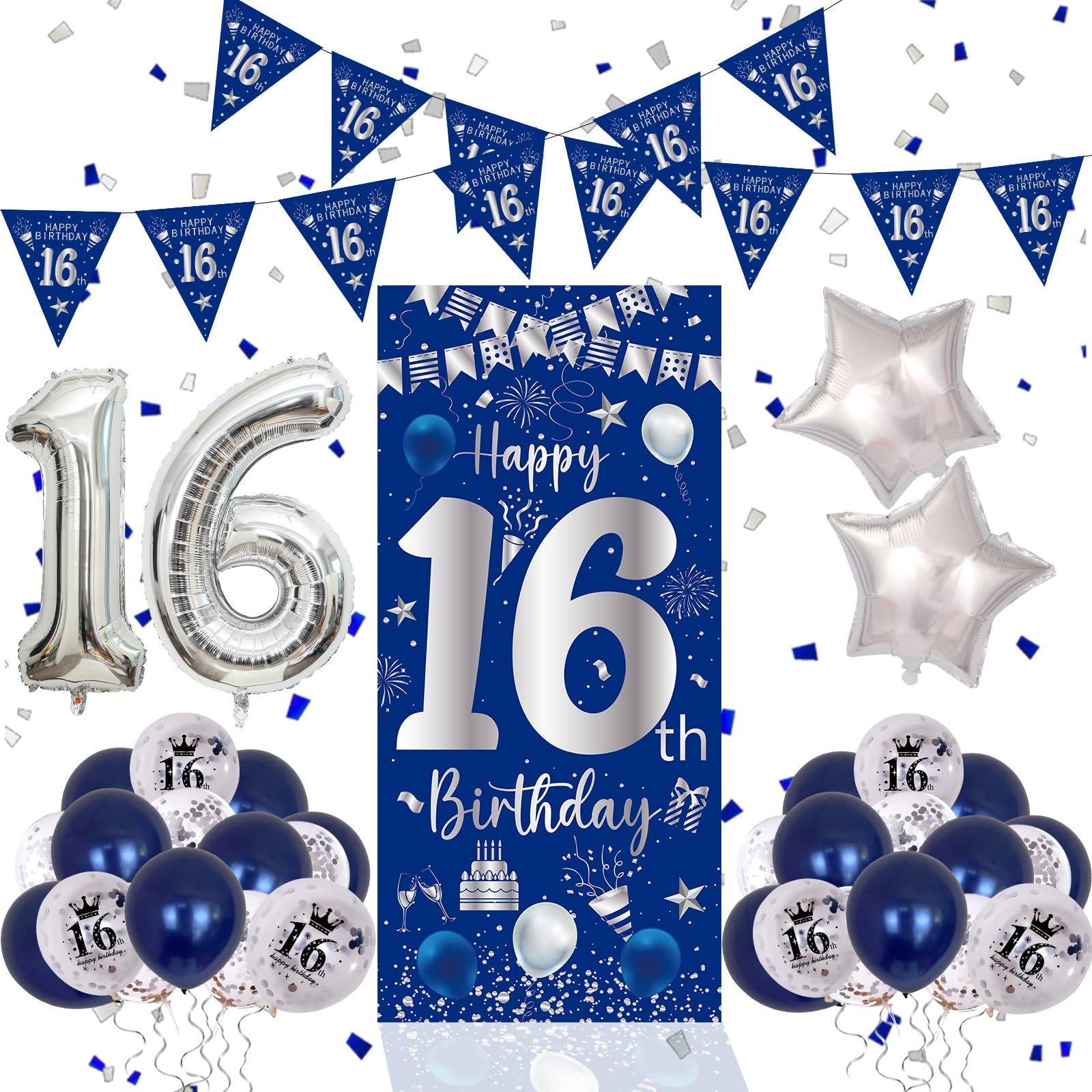 Purtarly Blue Silver 16th Birthday Decoration Set – Banner, Balloons & Triangle Flags