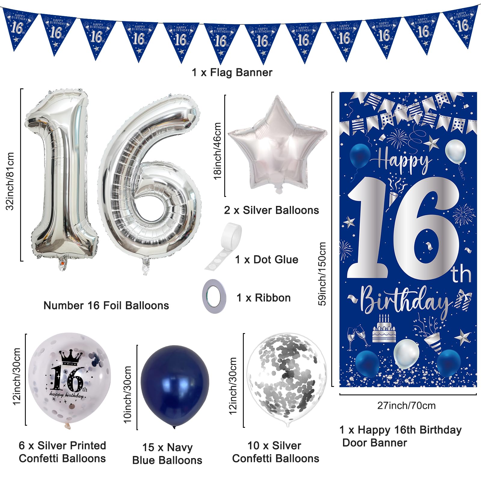 Purtarly Blue Silver 16th Birthday Decoration Set – Banner, Balloons & Triangle Flags