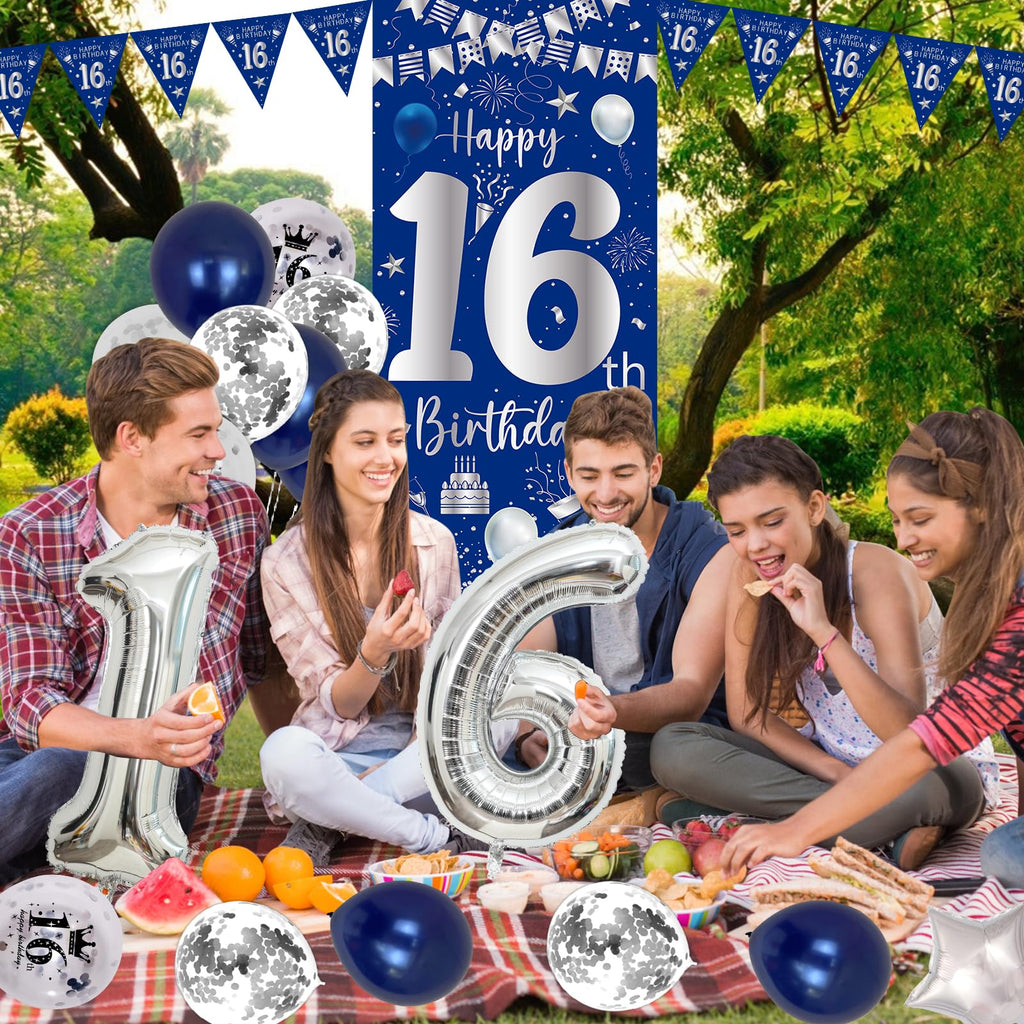 Purtarly Blue Silver 16th Birthday Decoration Set – Banner, Balloons & Triangle Flags