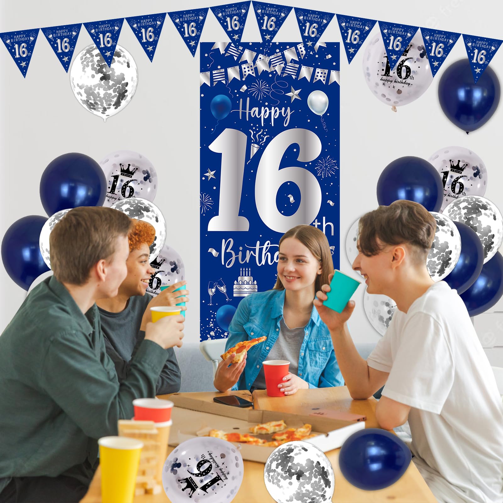 Purtarly Blue Silver 16th Birthday Decoration Set – Banner, Balloons & Triangle Flags