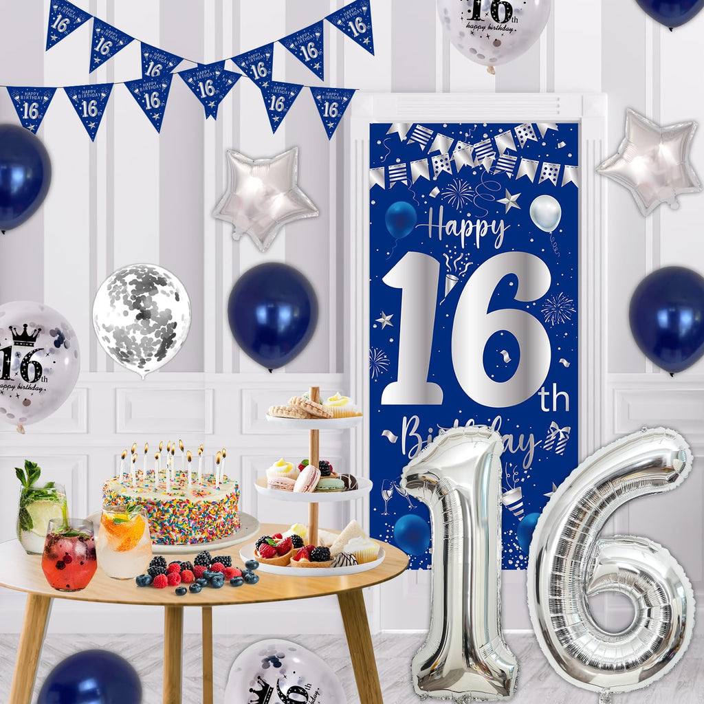 Purtarly Blue Silver 16th Birthday Decoration Set – Banner, Balloons & Triangle Flags