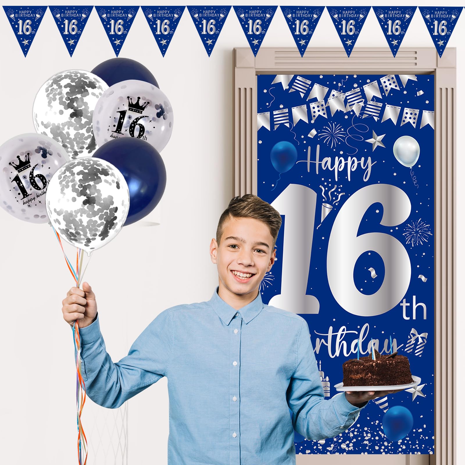 Purtarly Blue Silver 16th Birthday Decoration Set – Banner, Balloons & Triangle Flags