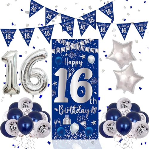 Purtarly Blue Silver 16th Birthday Decoration Set – Banner, Balloons & Triangle Flags