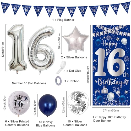 Purtarly Blue Silver 16th Birthday Decoration Set – Banner, Balloons & Triangle Flags