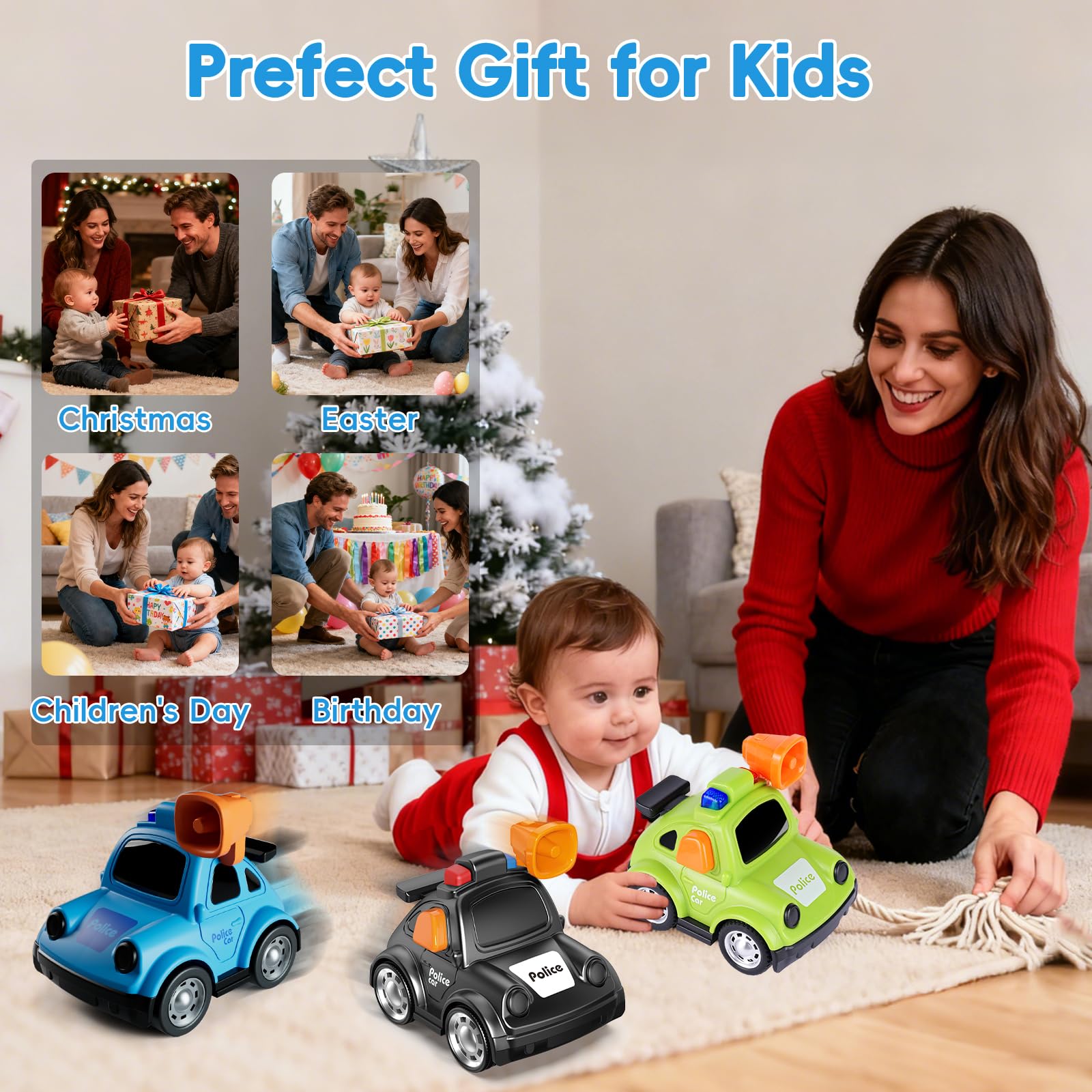 Push-and-Go Police Car Toy for Toddlers 1-3 – Friction Powered, No Batteries Needed