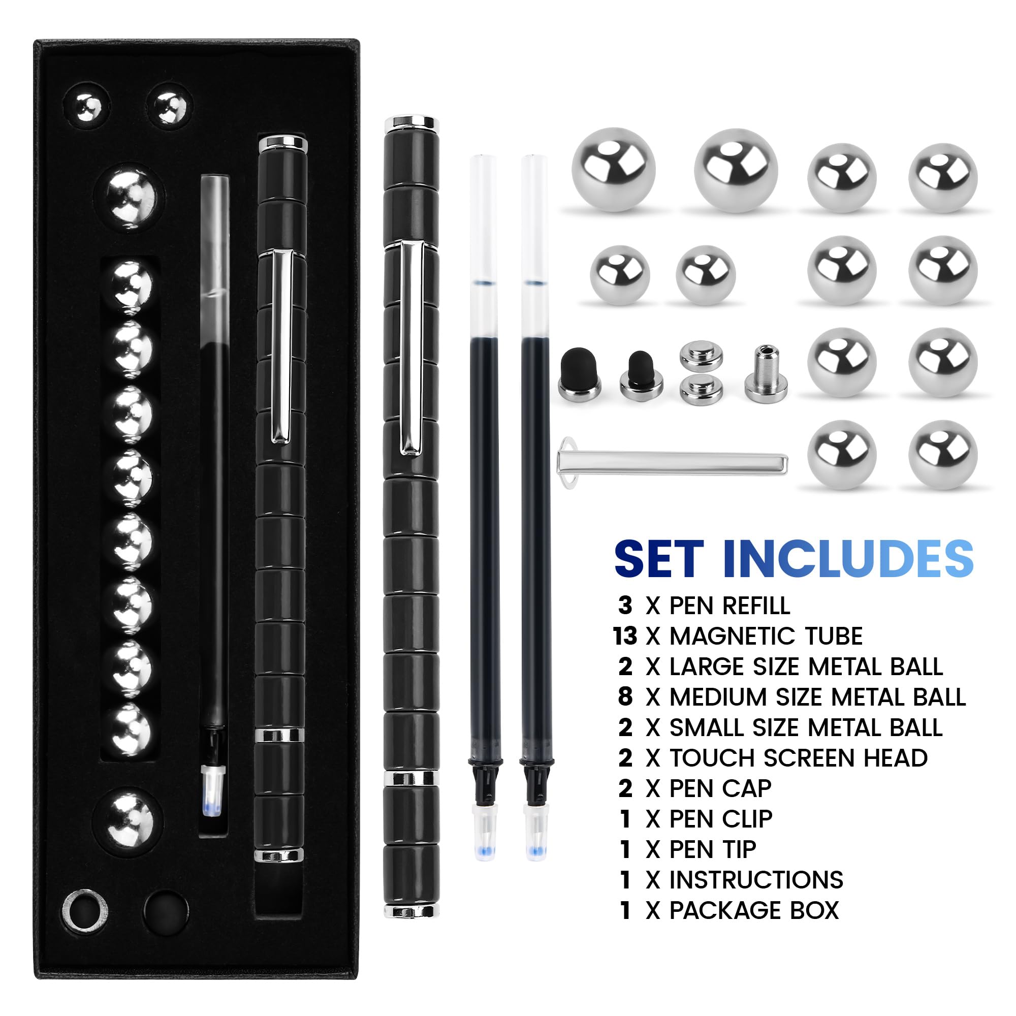 Puxmrko Magnetic Fidget Pen - 3 Pen Cores, 13 Rings, Shape-Shifting Stress Relief Toy Gift for Teens Adults (Black)