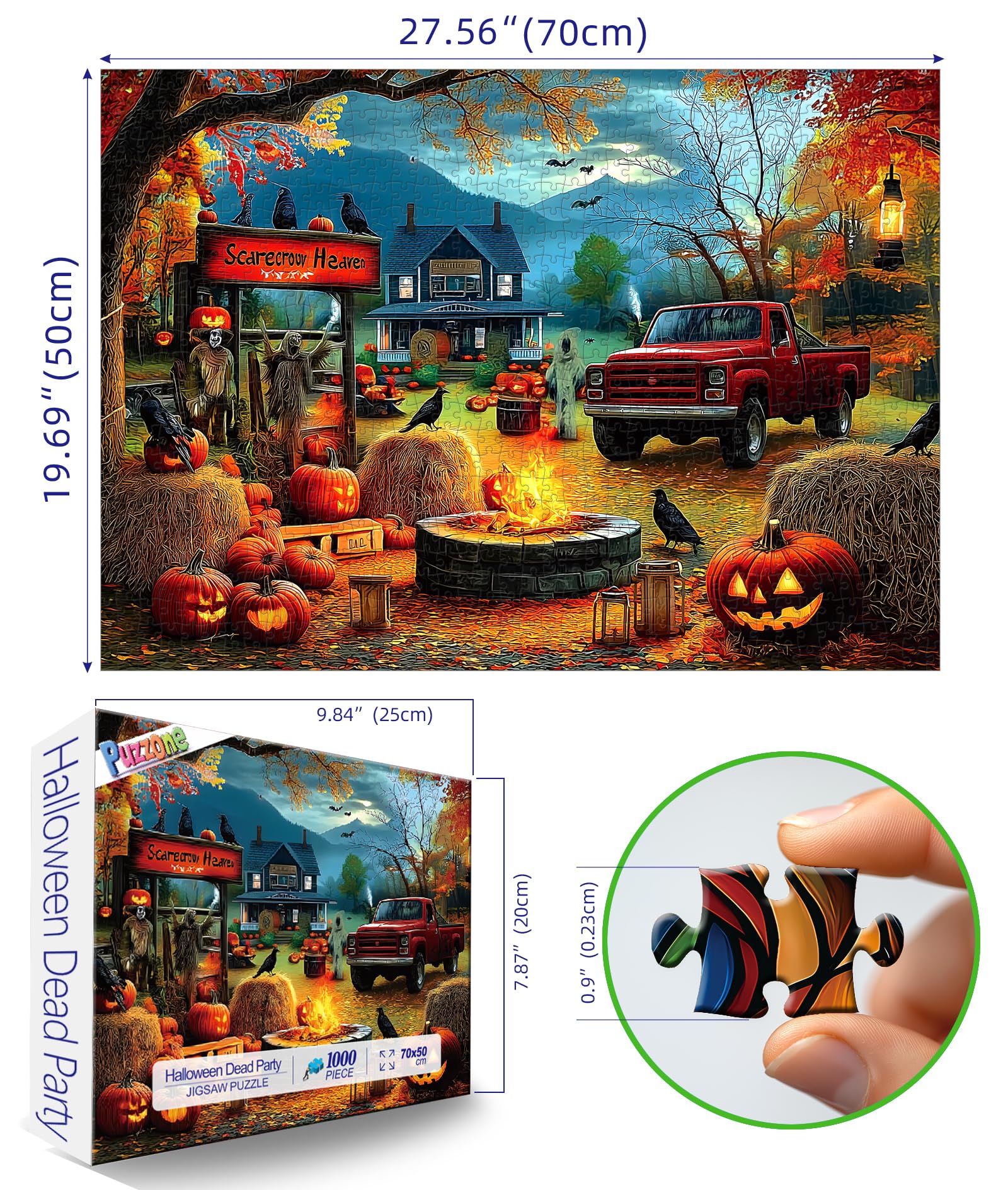 PuzzOne 1000 Piece Halloween Puzzle - Scarecrow Heaven Scene with Pumpkin Lanterns & Ghost Truck
