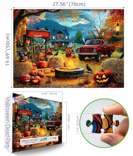 PuzzOne 1000 Piece Halloween Puzzle - Scarecrow Heaven Scene with Pumpkin Lanterns & Ghost Truck