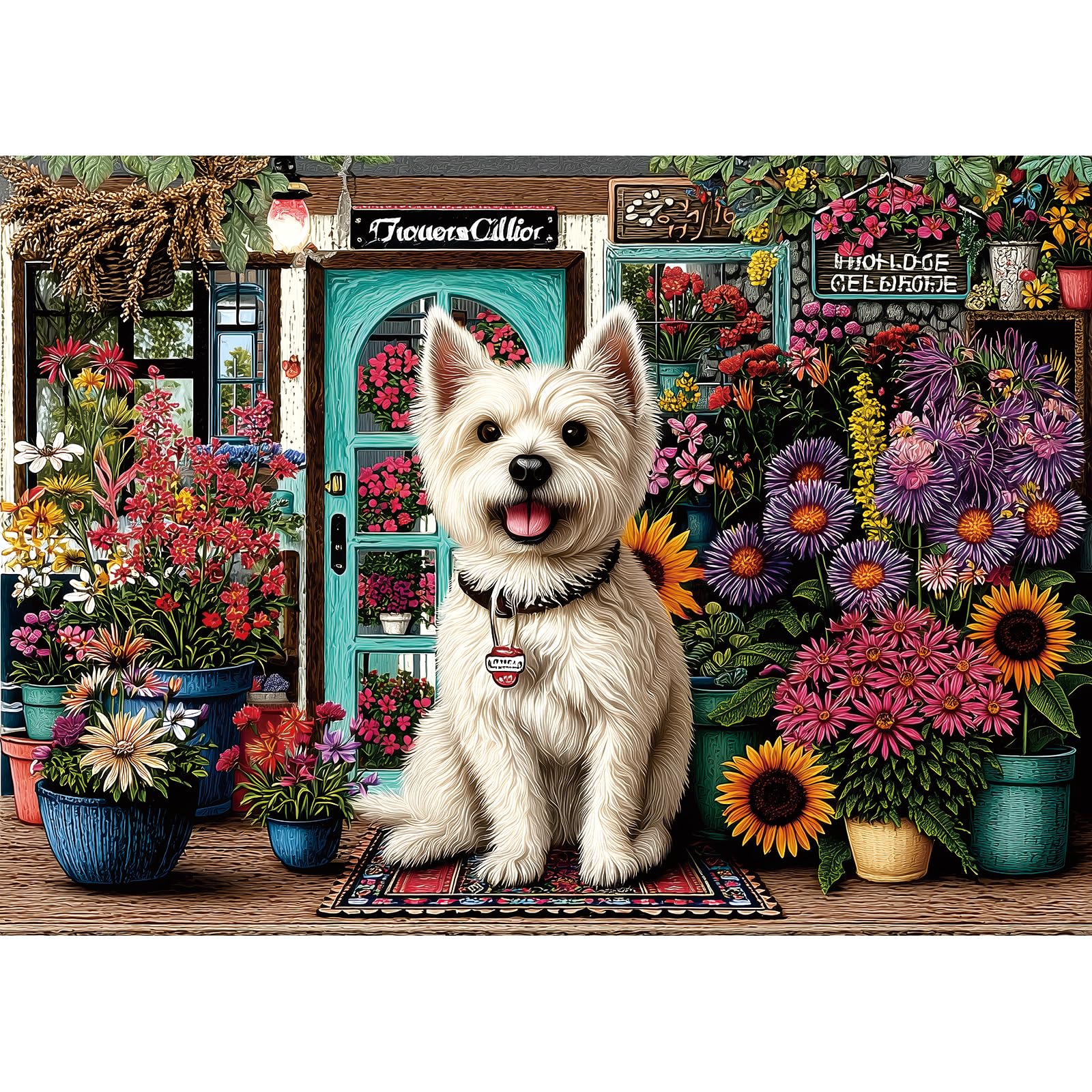 PuzzOne 1000 Piece Jigsaw Puzzle for Adults – Westie Dog in Flower Shop, 27.6" x 19.7"
