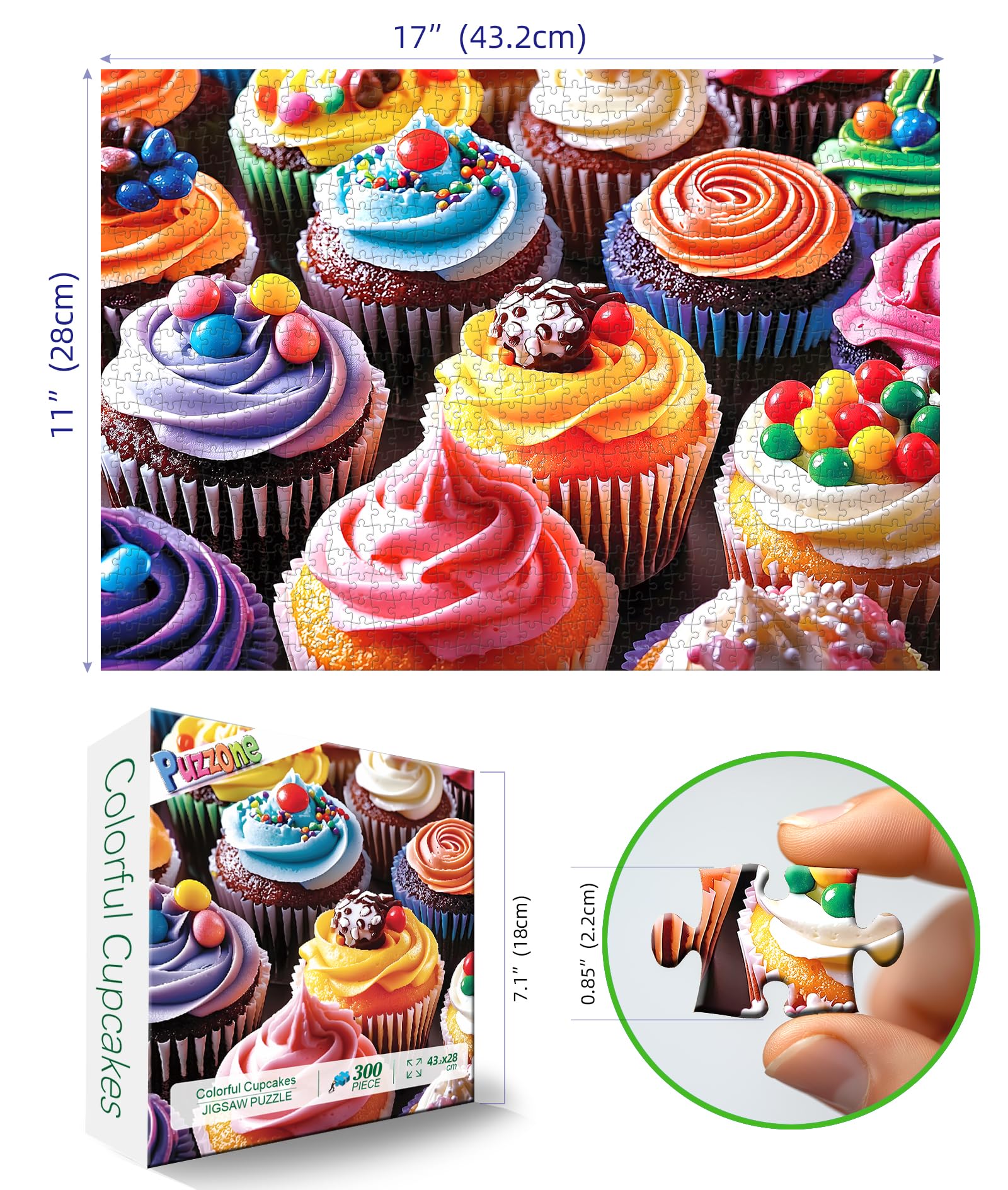 PuzzOne 300 Piece Jigsaw Puzzle – Colorful Cupcakes, 17x11 Inches, with Letters on Back