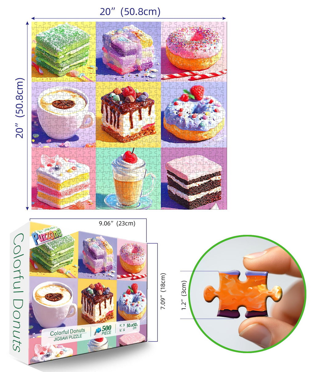 PuzzOne 500-Piece Dessert Jigsaw Puzzle – Colorful Donuts, Cakes & Berries – 20x20 Inch – Includes Poster