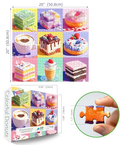 PuzzOne 500-Piece Dessert Jigsaw Puzzle – Colorful Donuts, Cakes & Berries – 20x20 Inch – Includes Poster