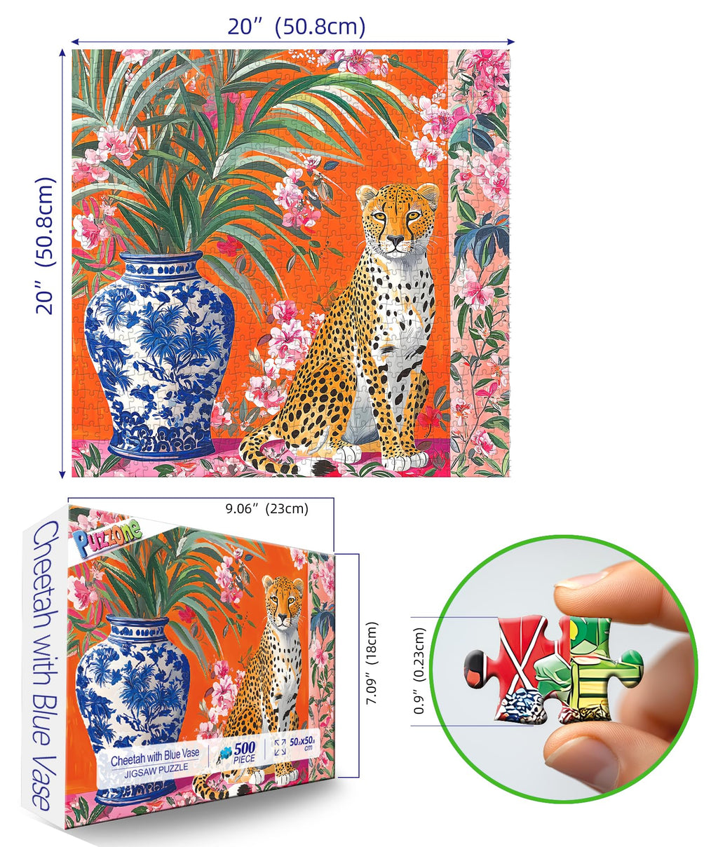 PuzzOne 500-Piece Jigsaw Puzzle – Cheetah with Blue Vase Art, Square 20x20 Inches for Adults